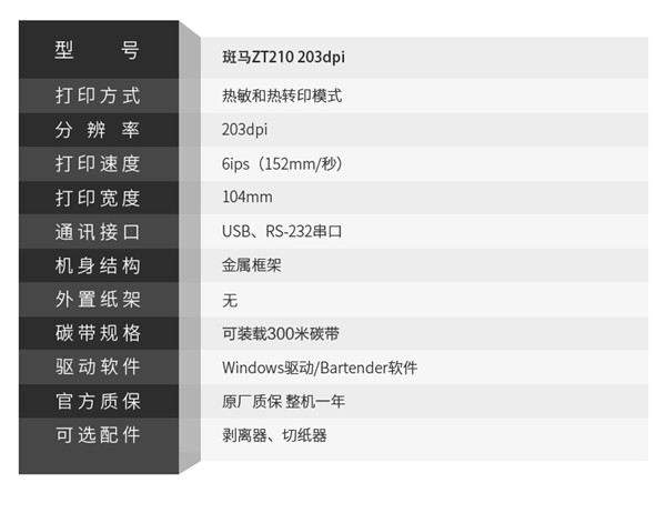 斑马zebra zt210 工业条码打印机参数