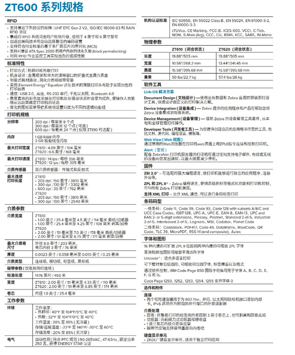 斑马 ZT610 打印机详细参数